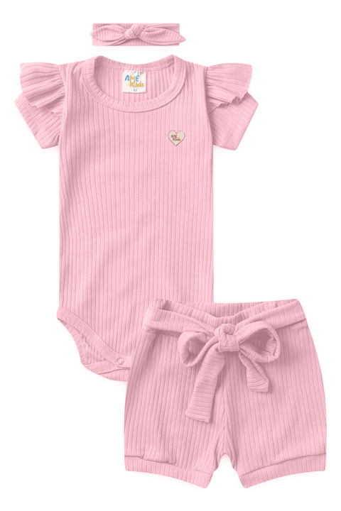Conjunto Body Canelado Curto Menina - Rosa Bebê - Ame Kids