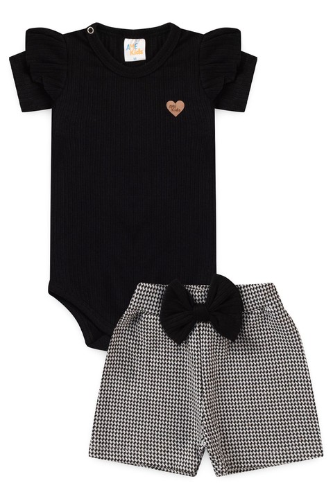 Conjunto Body Canelado - Preto / Pied de Poule - Ame Kids