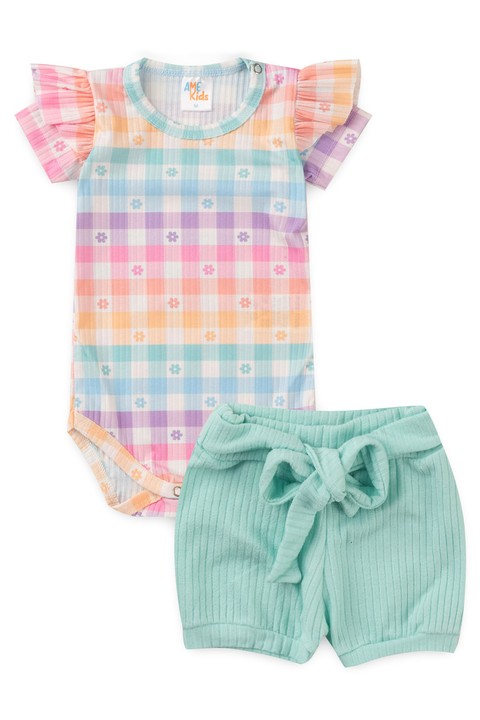 Conjunto Body Canelado Curto Menina - Xadrez Tie Dye - Ame Kids