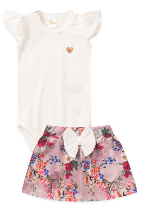 Conjunto Canelado Body e Saia Bebê - Off-White - Ame Kids