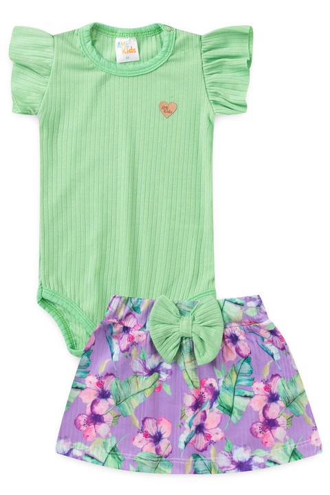 Conjunto Canelado Body e Saia Bebê - Verdinho - Ame Kids