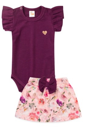 Conjunto Canelado Body e Saia Bebê - Beringela - Ame Kids