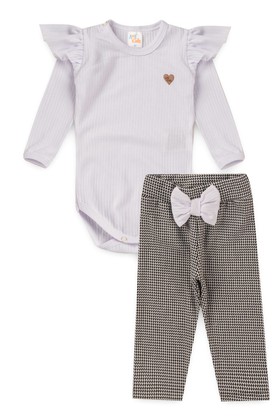 Conjunto Infantil Bebê Body Manga Longa e Calça Pied de Poule - Branco - Ame Kids