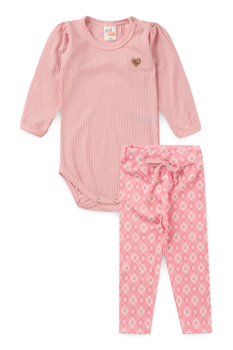 Conjunto Body e Calça Canelado - Xadrez Rosa - Ame Kids