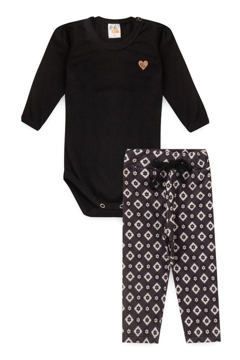 Conjunto Body e Calça Canelado - Xadrez Preto - Ame Kids