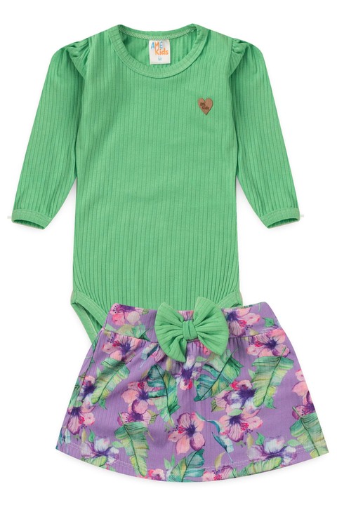 Conjunto Body Manga Longa e Saia - Verdinho - Ame Kids
