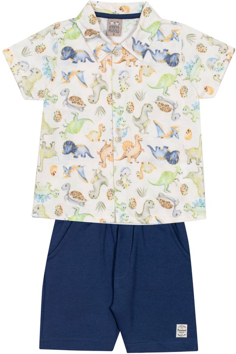 Conjunto Blusa Polo e Bermuda  - Dinossauro Azul - Randa Mundu