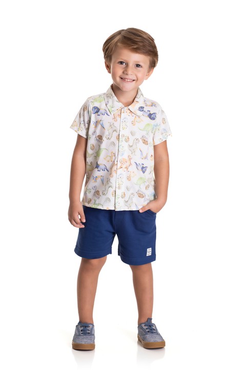 Conjunto Blusa Polo e Bermuda  - Dinossauro Azul - Randa Mundu
