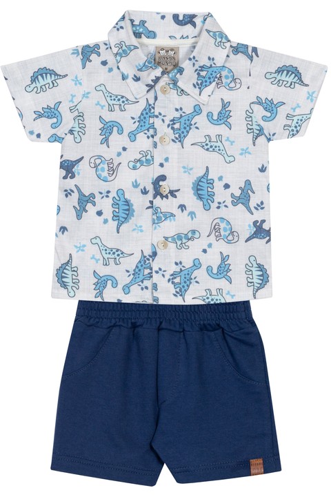 Conjunto Blusa Polo e Bermuda - Dinossauro Azul - Randa Mundu