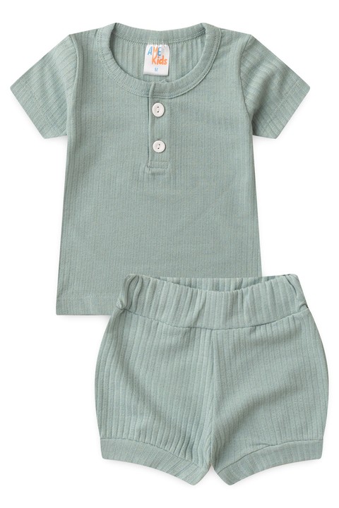Conjunto Blusa com Botões e Shorts Canelado Menina - Verde Jade - Ame Kids