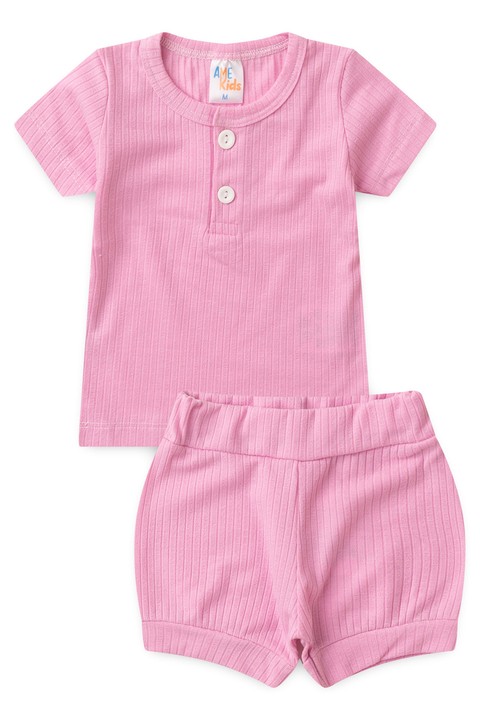 Conjunto Blusa com Botões e Shorts Canelado Menina - Rosa Bebê - Ame Kids