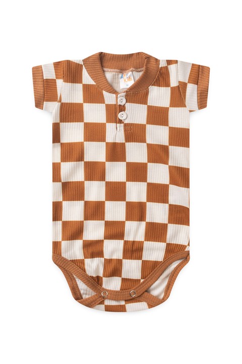 Conjunto Body Canelado Curto Menino - Xadrez Avelã - Ame Kids