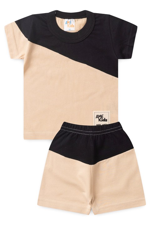 Conjunto de Blusa e Shorts Meia Malha Menino - Areia e Preto -  Ame Kids