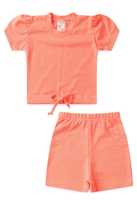 Conjunto Blusa Neon e Shorts Menina - Laranja - Ame Kids