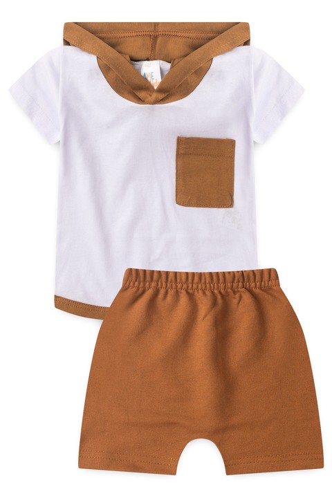 Conjunto de Blusa com Capuz e Shorts Meia Malha Menino - Avelã - Ame Kids