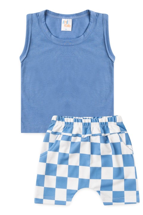 Conjunto Regata e Shorts Menino - Xadrez Azul - Ame Kids