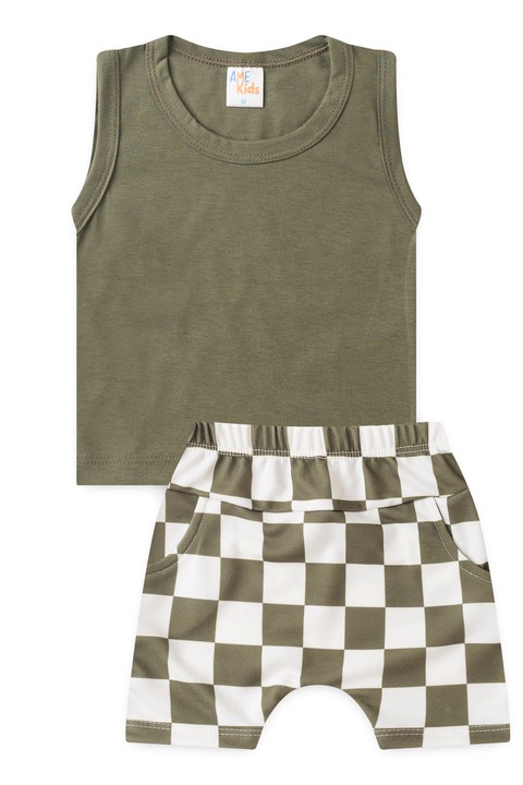Conjunto Regata e Shorts Menino - Xadrez Verde - Ame Kids