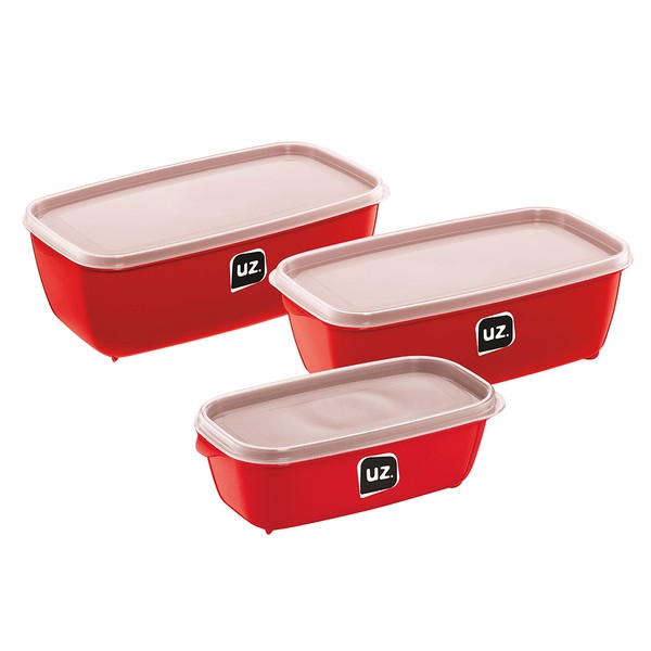 Kit 3 Potes Multiuso Retangular Premium Vermelho
