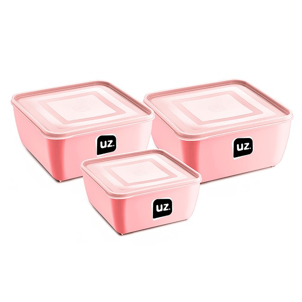 Kit 3 Potes Multiuso Premium Quadrado Rosa