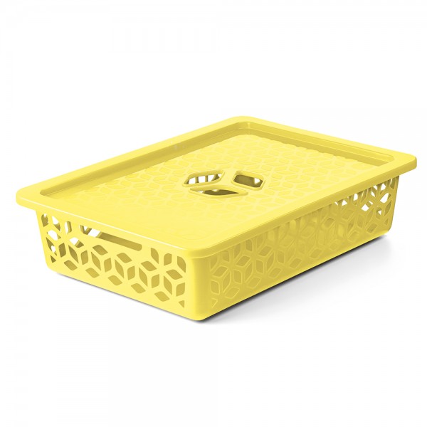 Cesto Organizador Raso com Tampa 9 Litros Amarelo