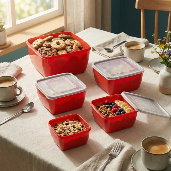 Conjunto 5 Potes Quadrdados Multiuso Vermelho Uz