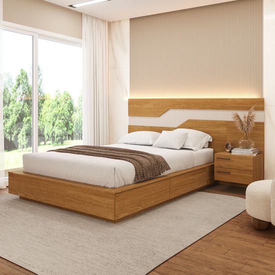 Cama Casal/Queen 234cm com Cabeceira e Led Lora Xingu/Bege Dunas Lado Direito Vistato Móveis