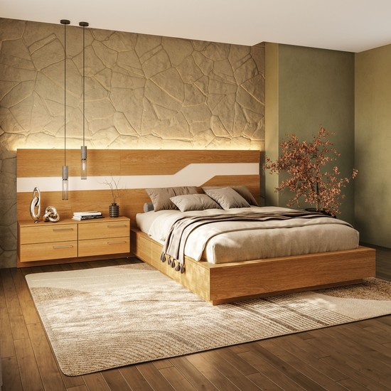 Cama Casal/Queen 287cm com Cabeceira e Led Lora Xingu/Bege Dunas Vistato Móveis