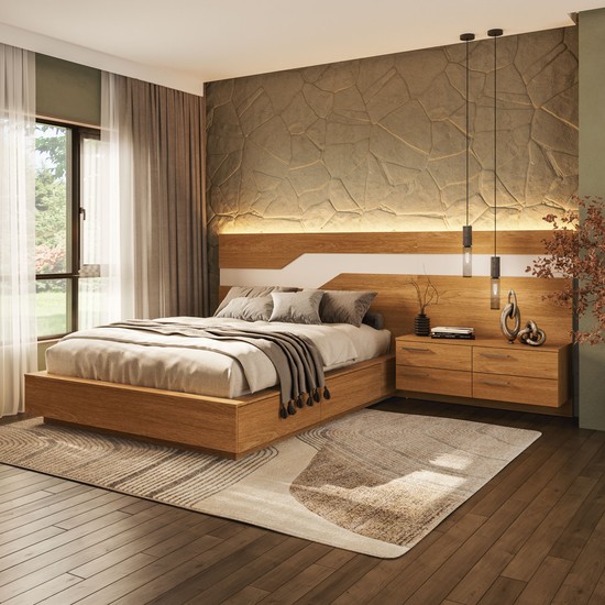 Cama Casal/Queen 287cm com Cabeceira e Led Lora Xingu/Bege Lado Direito Dunas Vistato Móveis