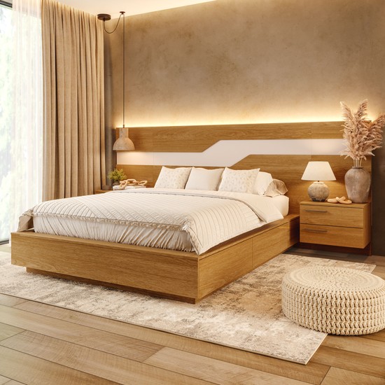 Cama Casal/Queen 287cm com Cabeceira e Led Lora Xingu/Bege Dunas Vistato Móveis