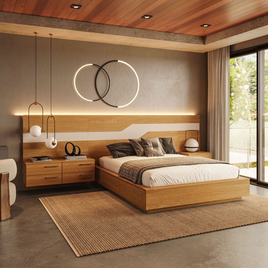 Cama Casal/Queen 340cm com Cabeceira e Led Lora Lado Esquerdo Xingu/Bege Dunas Vistato Móveis