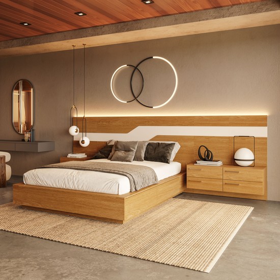 Cama Casal/Queen 340cm com Cabeceira e Led Lora Xingu/Bege Dunas Vistato Móveis